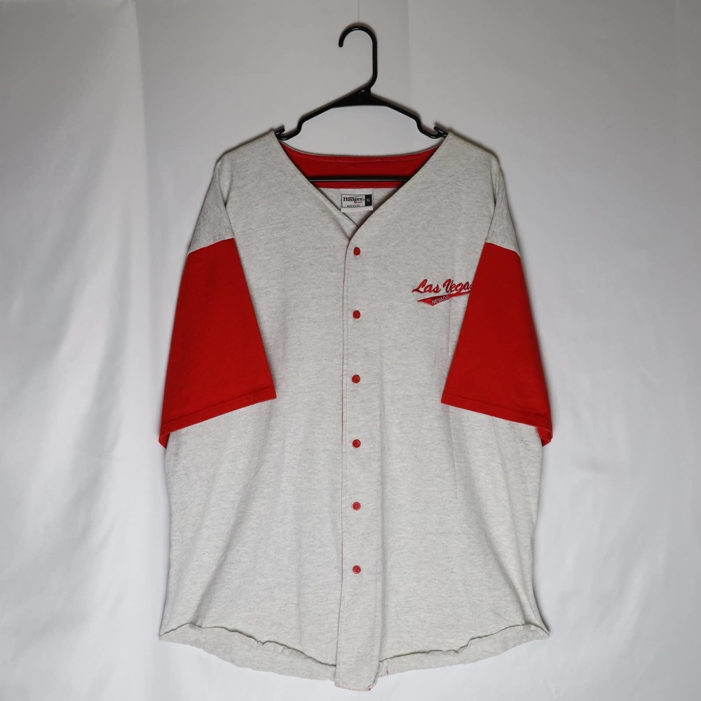 Badger Sport Las Vegas Baseball Jersey XL Gray/Red Short Sleeve T Shirt 90s Vtg